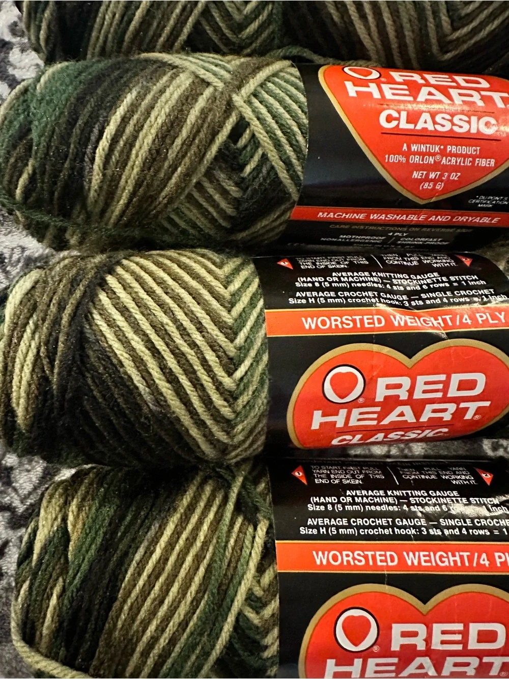 Red Heart Classic Vintage Yarn, 4 Skeins, 3 Same Dye Lot Camouflage Color